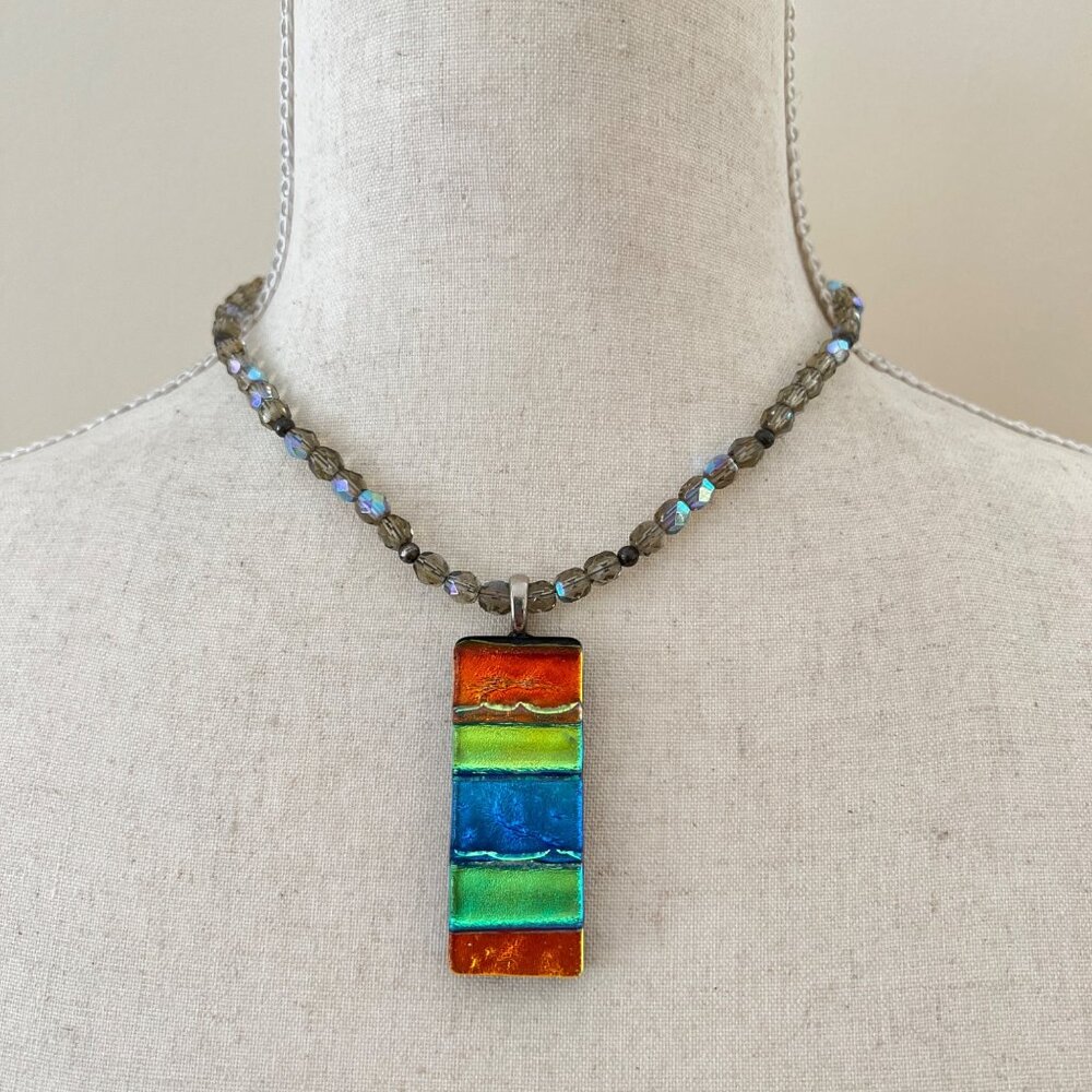Dichroic Blue Orange Green Glass Pendant Iridescent Bead Necklace 16" - 18"